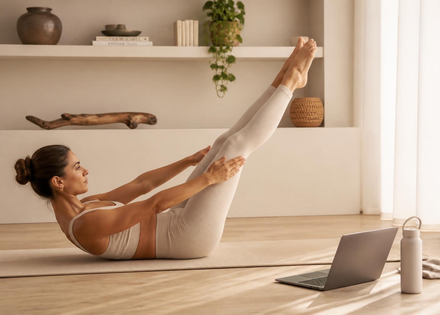 Alumna practicando Pilates en casa siguiendo una clase online